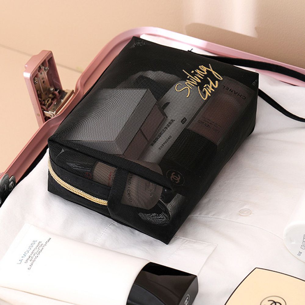 Double-layers Black Mesh Cosmetic Bag/Travel Makeup Case Organizer