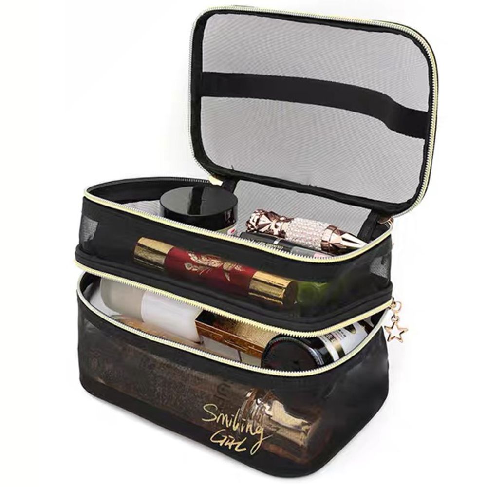 Double-layers Black Mesh Cosmetic Bag/Travel Makeup Case Organizer