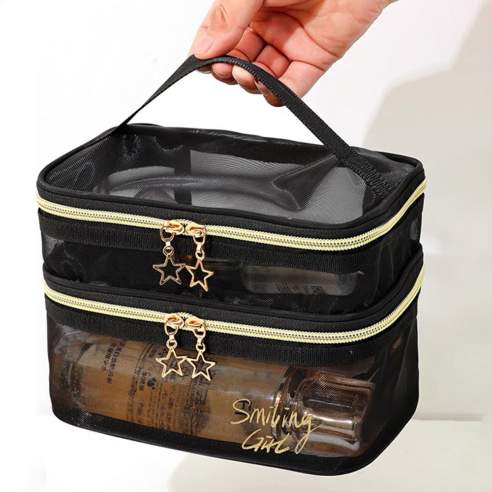 Double-layers Black Mesh Cosmetic Bag/Travel Makeup Case Organizer