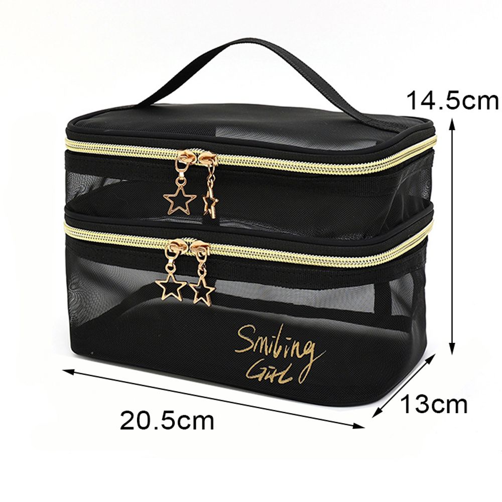 Double-layers Black Mesh Cosmetic Bag/Travel Makeup Case Organizer