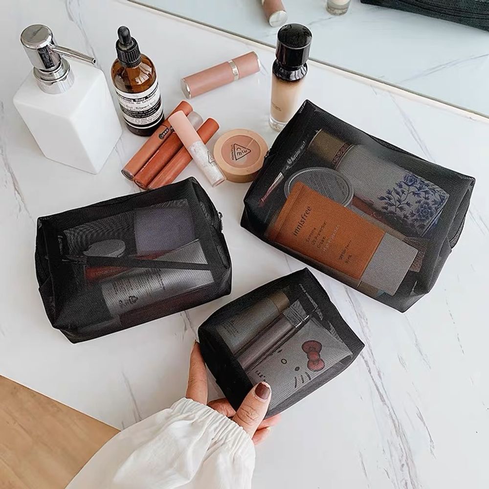 Double-layers Black Mesh Cosmetic Bag/Travel Makeup Case Organizer