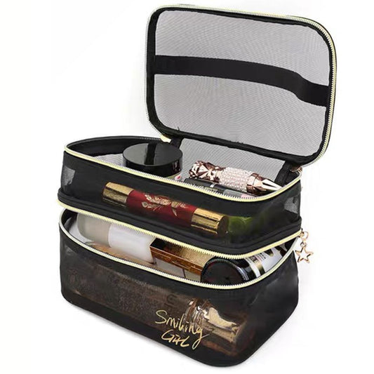 Double-layers Black Mesh Cosmetic Bag/Travel Makeup Case Organizer